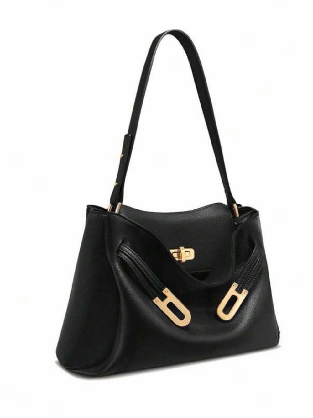 Twist lock flap bag Black Shoulder Tote Bag with Gold Hardware